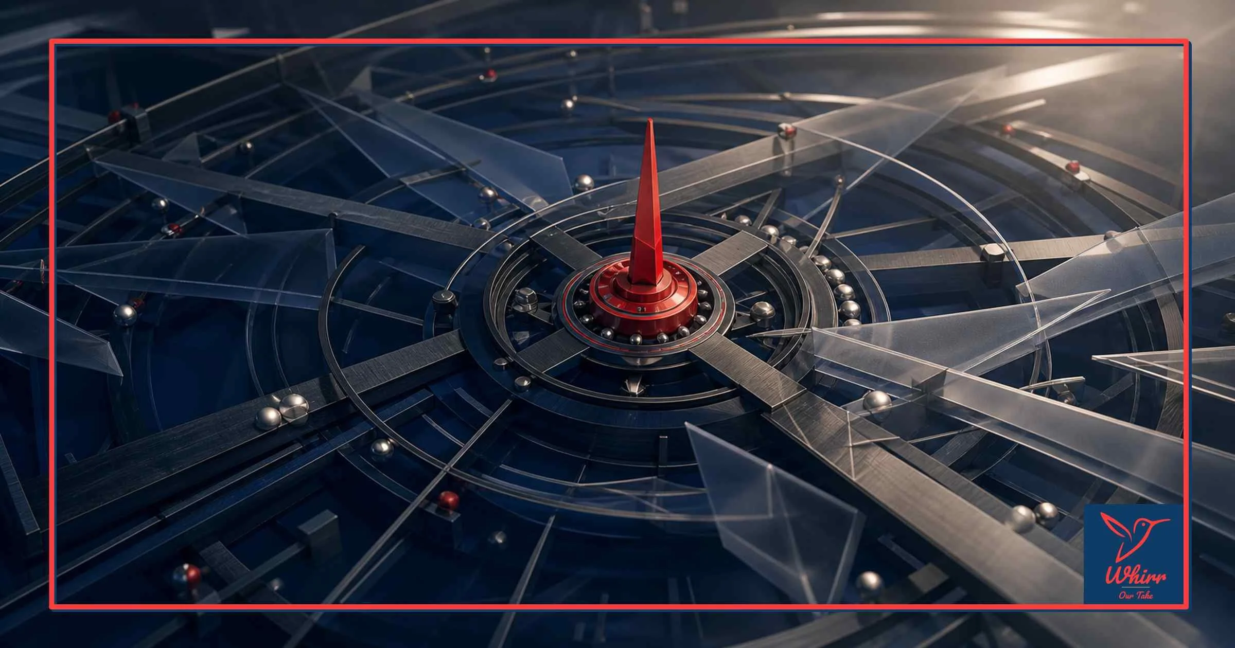 A spire at the center of what appears to be a close up of a compass mechanical structure symbolizes how Whirr brings strategy back.