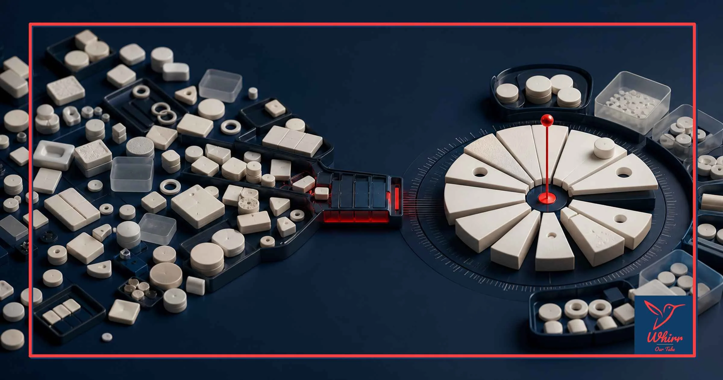 Myriad shapes get gunneled into a machine that assembles them into a pie-like pattern, representing how social strategy is comprised of different components that all fit together.