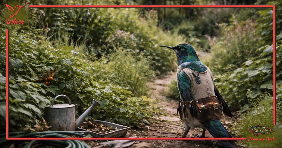 A hummingbird gardener looks over a tangled mess of plants and weeds.
