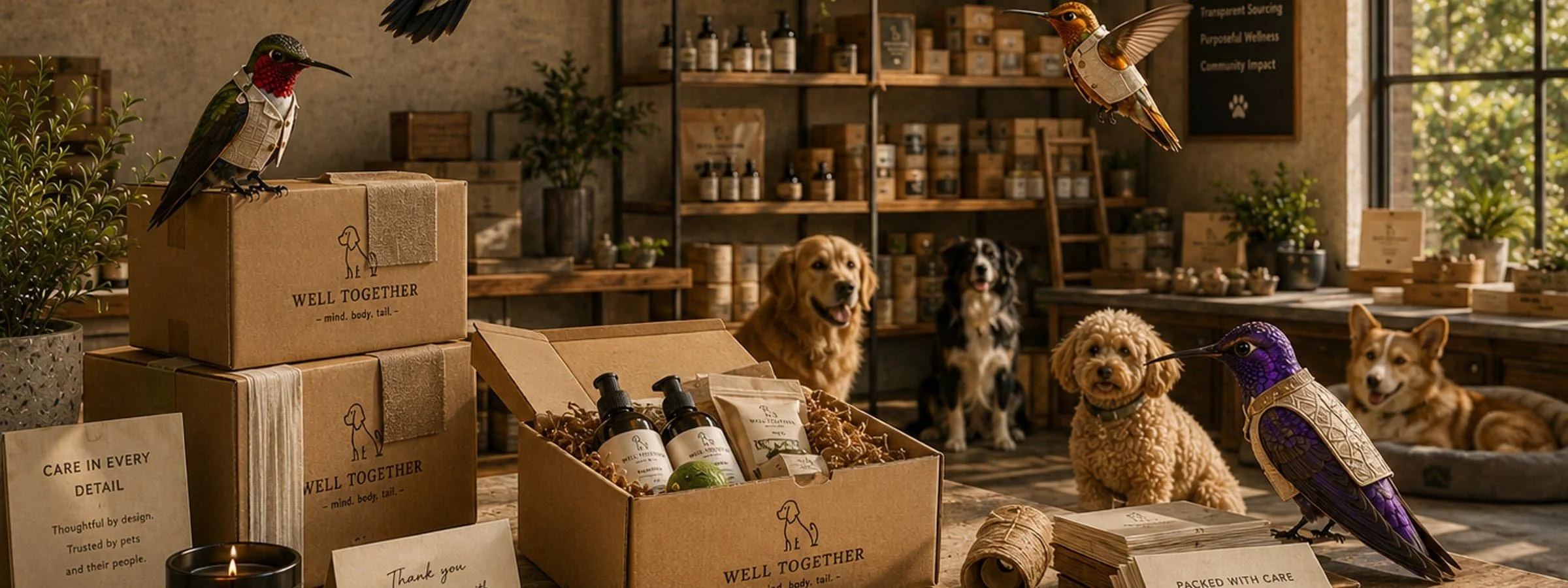 A variety of dogs and hummingbirds sit in an upscale pet store surrounded by products.