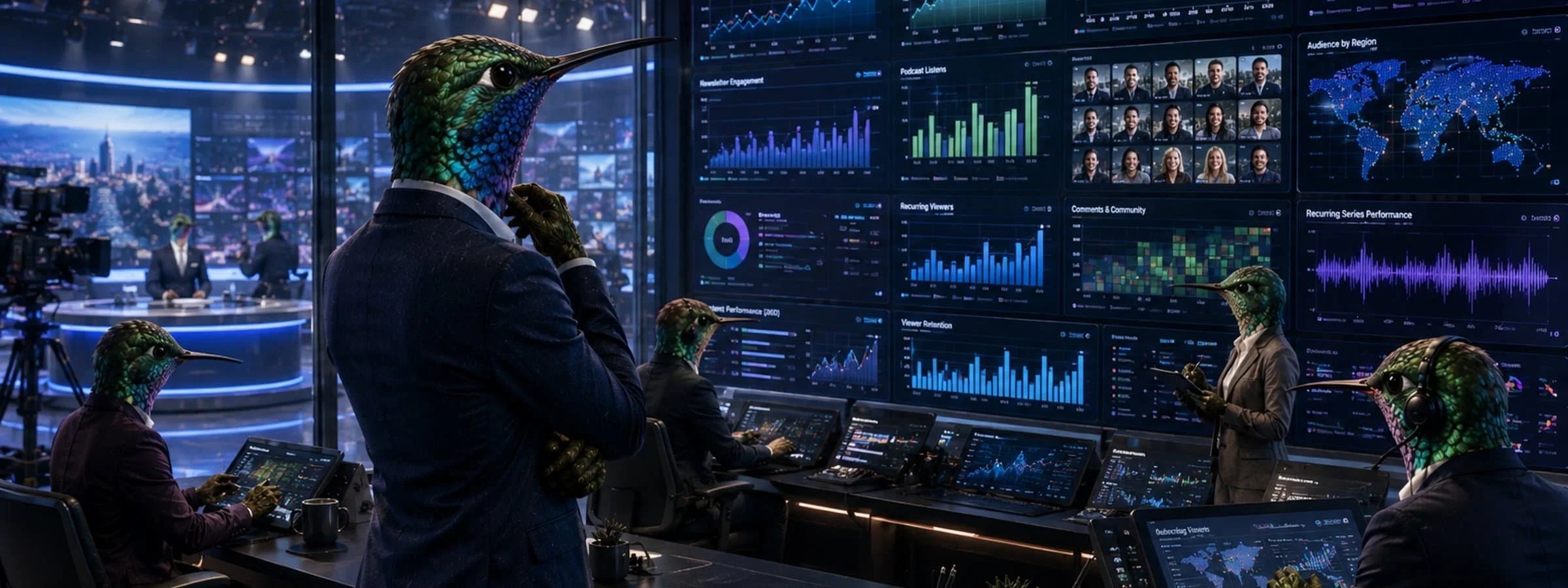The hummingbird news anchor is studying a wall of data as crew look on.