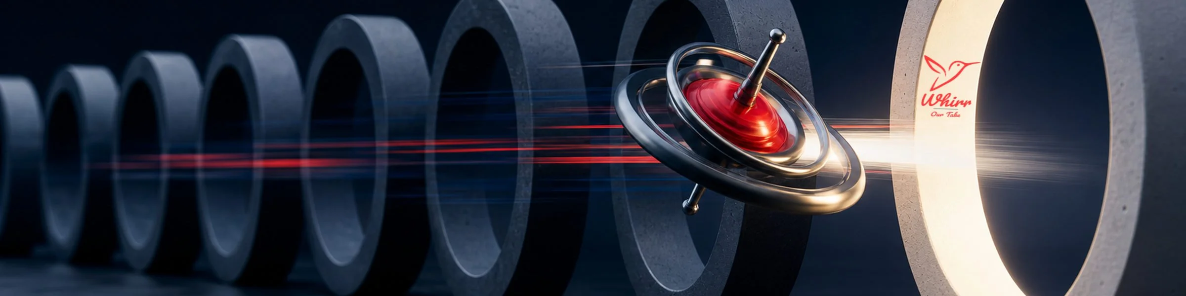 A spinning gyroscope passes several dark blue circles before passing through an illuminated one with the whirr logo on it, representing how Whirr enables agile marketing.