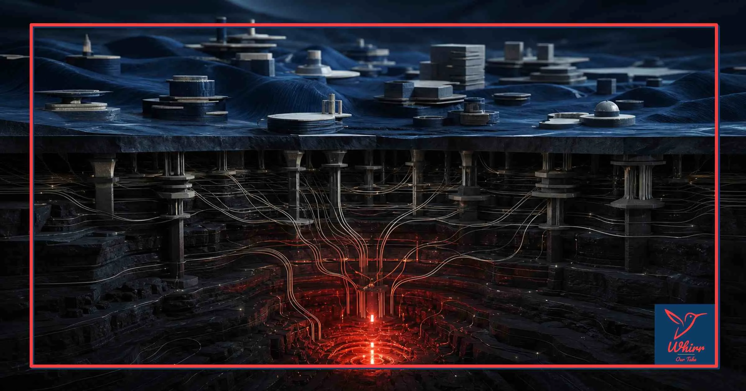 A model city is displayed, below which a complex nest of pipes, support beams and layers lead to a red light source.