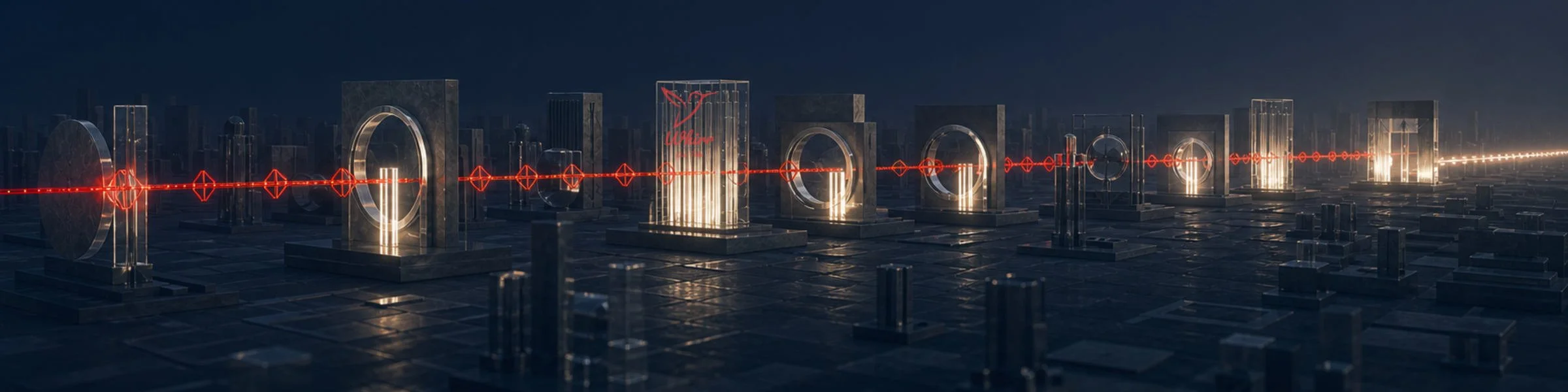 A red light stream passes through glassy illuminated shapes the way creative can be used to target audiences.