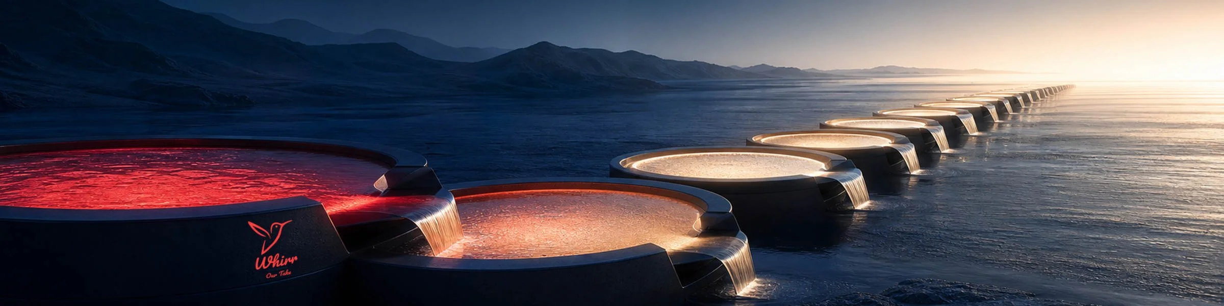 A red illuminated pool empties into another pool, which empties into the ocean, signifying marketing maturity, with the Whirr logo on the side of the pool and a series of other pools stretching into the horizon.