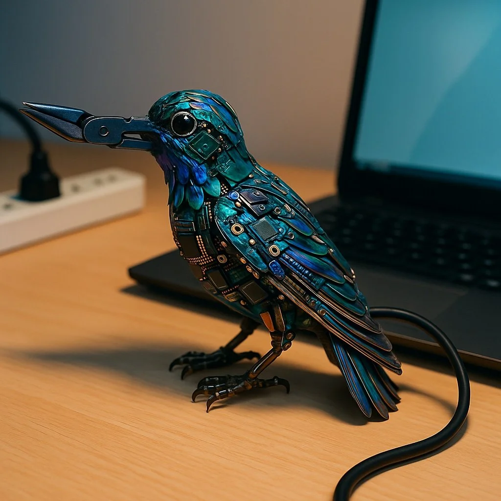 A hummingbird made of circuitry, with a needlenose pliers for a beak.