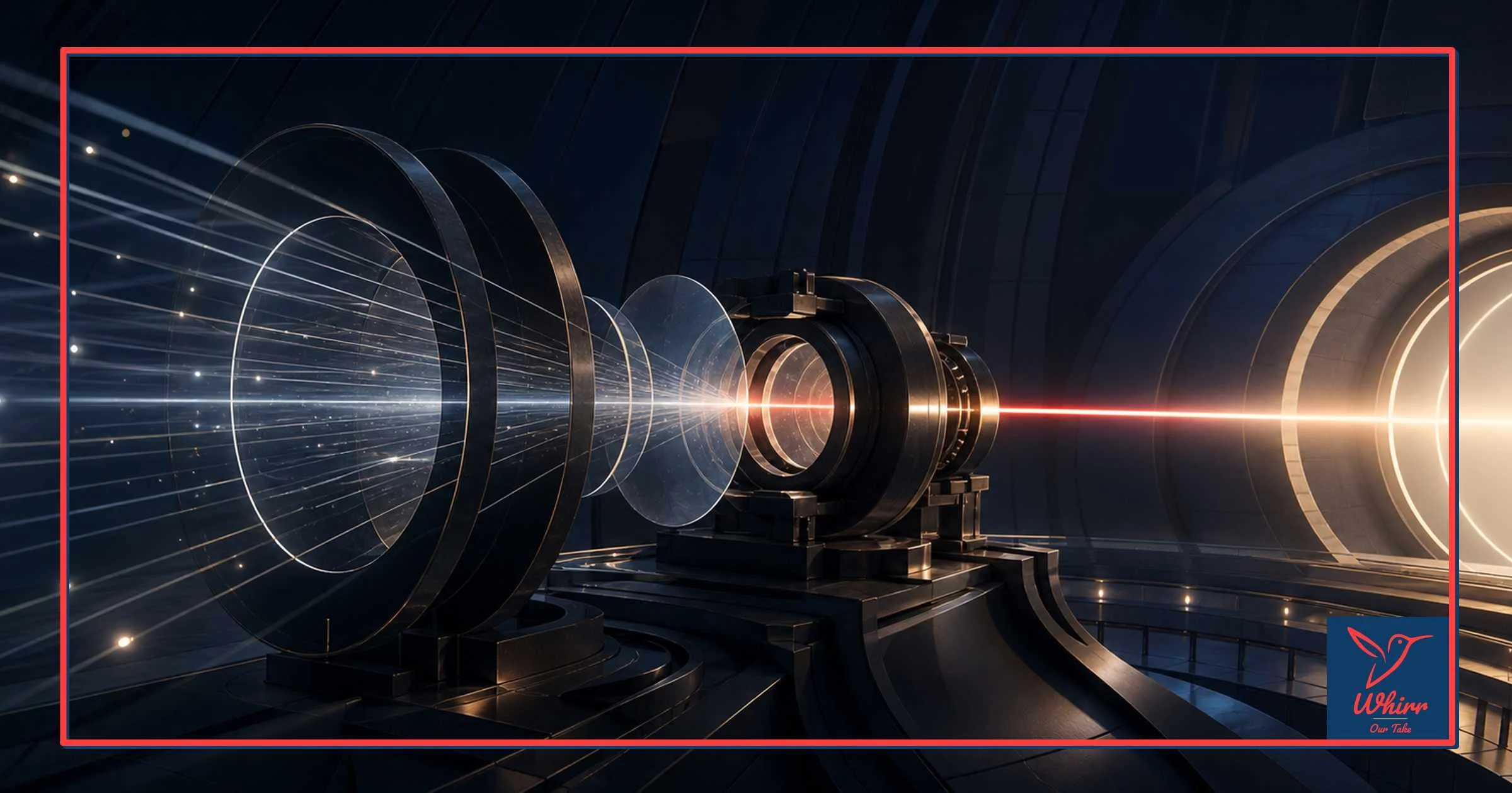 Lightbeams are concentrated through a series of lenses into one strong white beam, representing the focus required to ensure marketing focuses on attention rather than simply delivery.