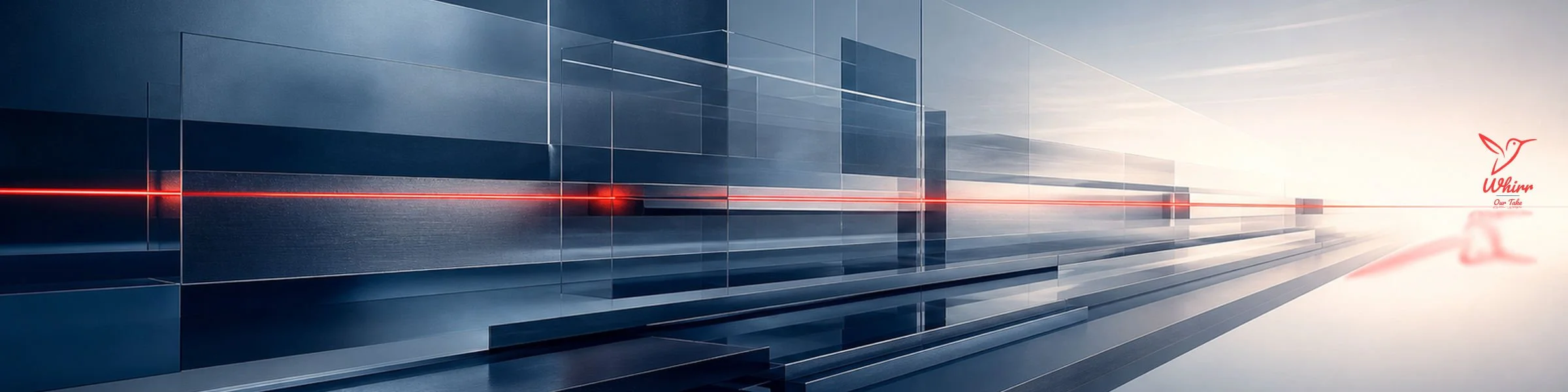 a red light horizontally bisects translucent rectangles, towards a Whirr logo on the right, representing how Whirr can help improve media briefs.