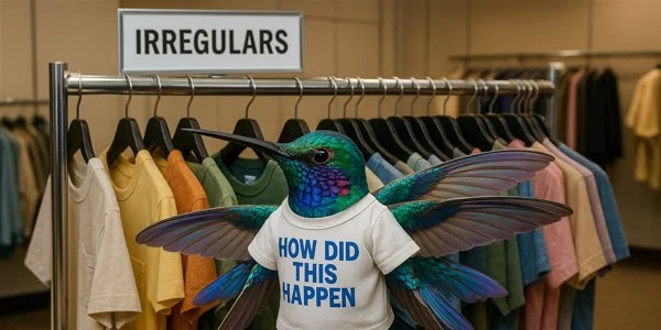 An iridescent hummingbird with too many wings is standing at an irregular tee shirt rack wearing a shirt that says "HOW DID THIS HAPPEN"