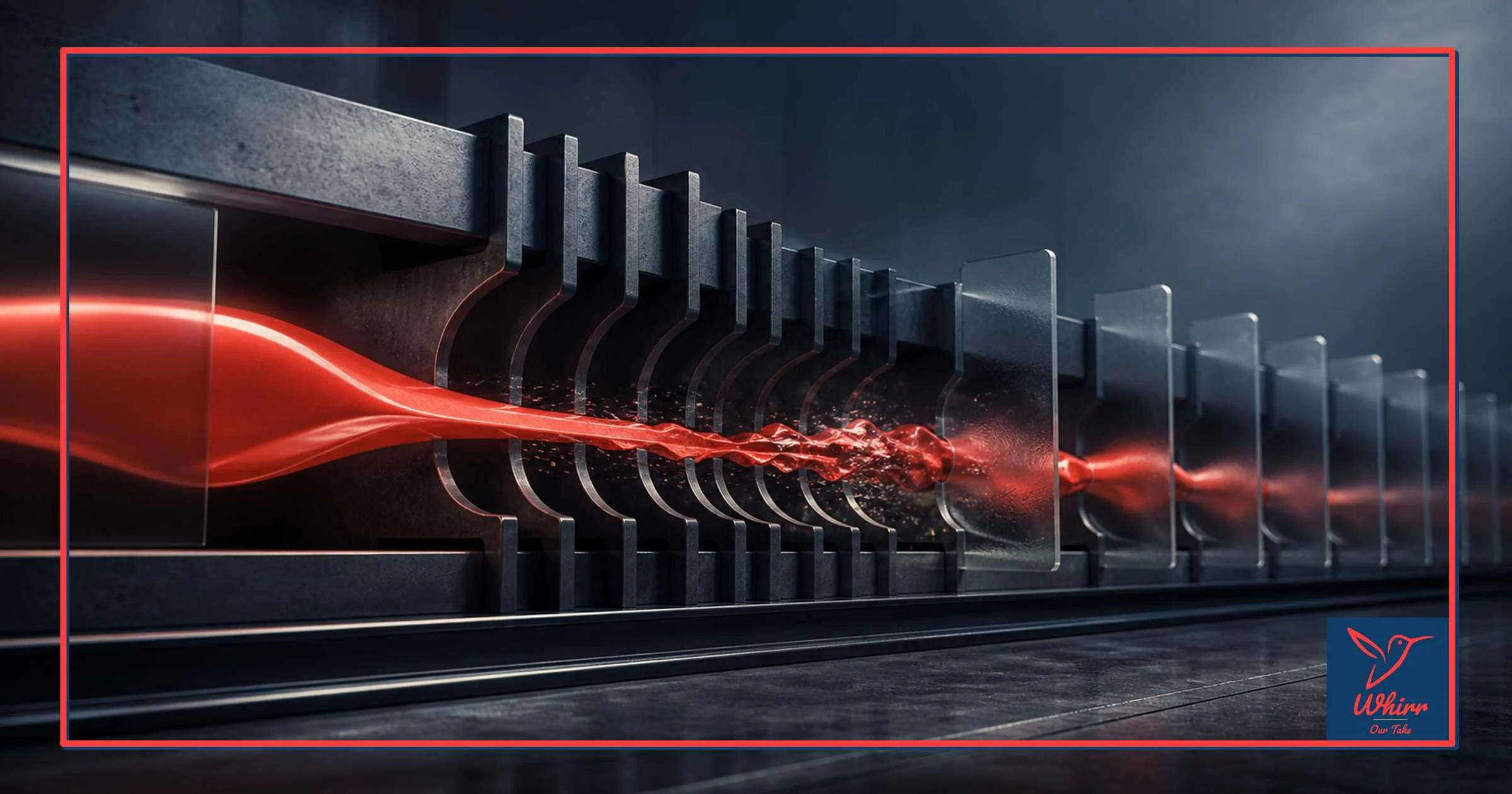 A structure representing media architecture has red liquid moving through it with difficulty, like creative challenged by a poorly designed media plan.