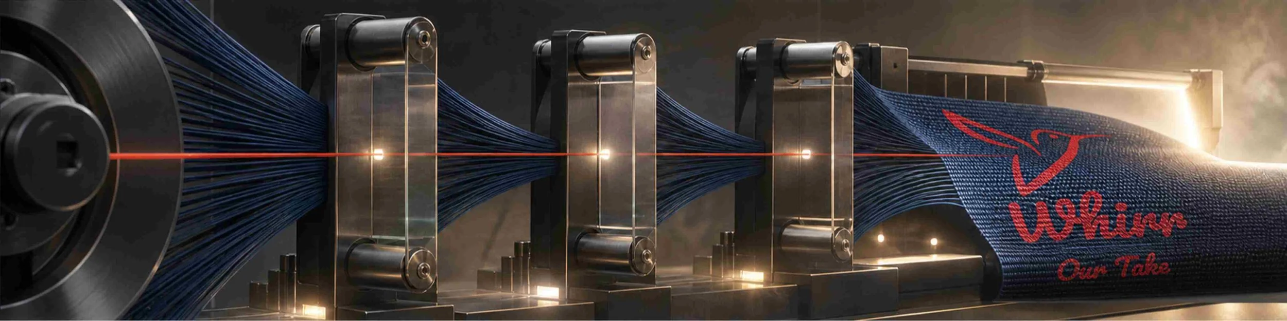 A weaving machine is creating a blue woven fabric with the Whirr logo bedded within, representing how Whirr can help companies build an AI workflow.