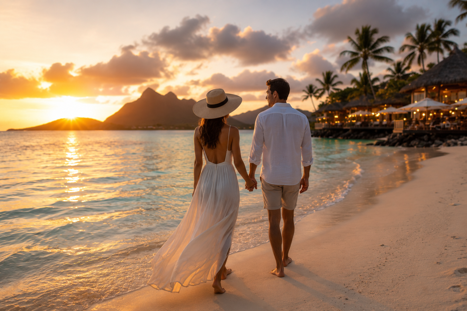 Couple walking hand in hand along a tropical beach during a romantic luxury vacation.