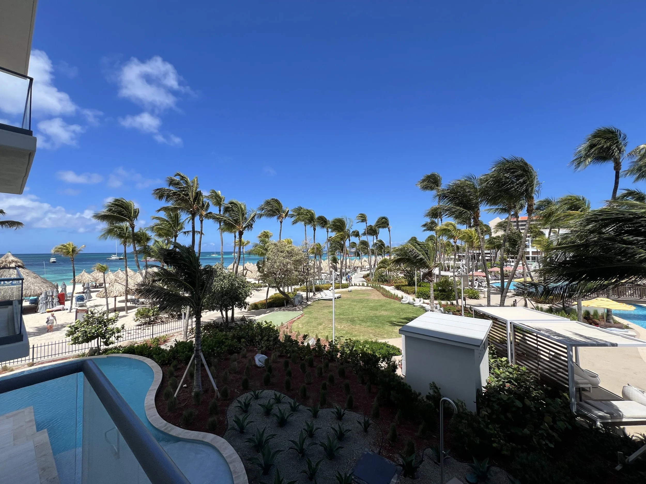 View from my room at The Westerly over the swim-up pool, gardens, palm trees and Palm Beach in Aruba