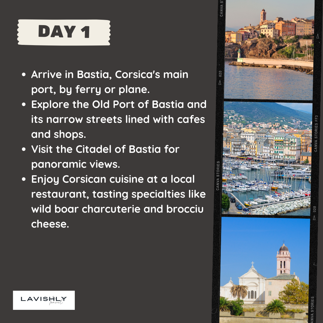 A vertical film strip featuring photos of Bastia, Corsica, including coastal buildings above the sea, boats docked in the Old Port,