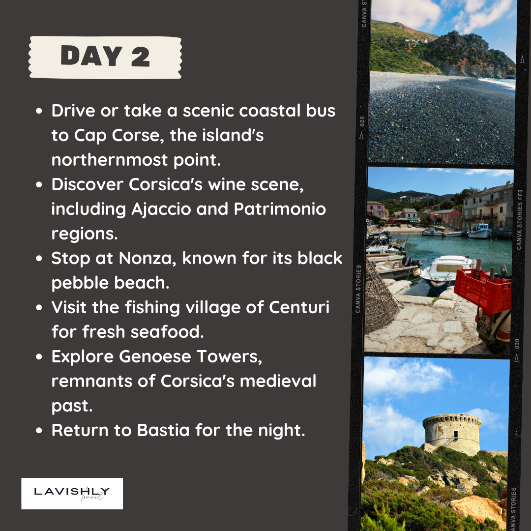 A photo strip displaying Nonza's dark pebble beach, small fishing boats docked at Centuri port, and a round stone Genoese watchtower atop a grassy hill in Corsica.
