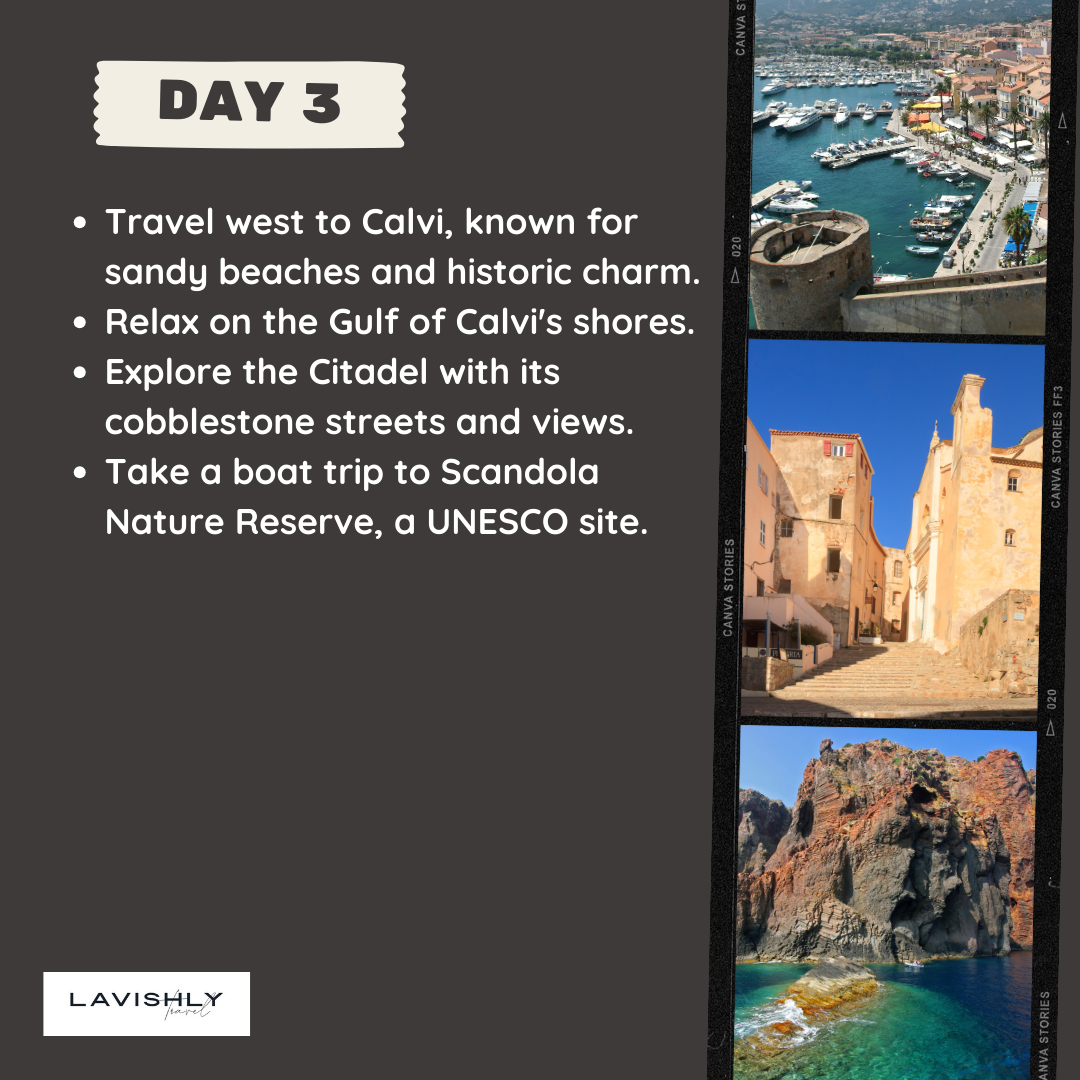 A photo film strip showing Calvi's marina filled with yachts below stone fortress walls, historic cobblestone village buildings, and red granite sea cliffs over turquoise water.