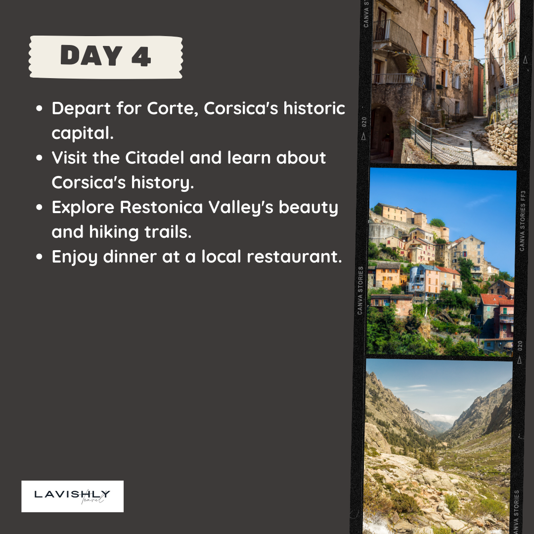 Images showing narrow stone streets in a traditional mountain village, colorful historic homes on a hillside in Corte, and a deep rocky alpine valley in Corsica.