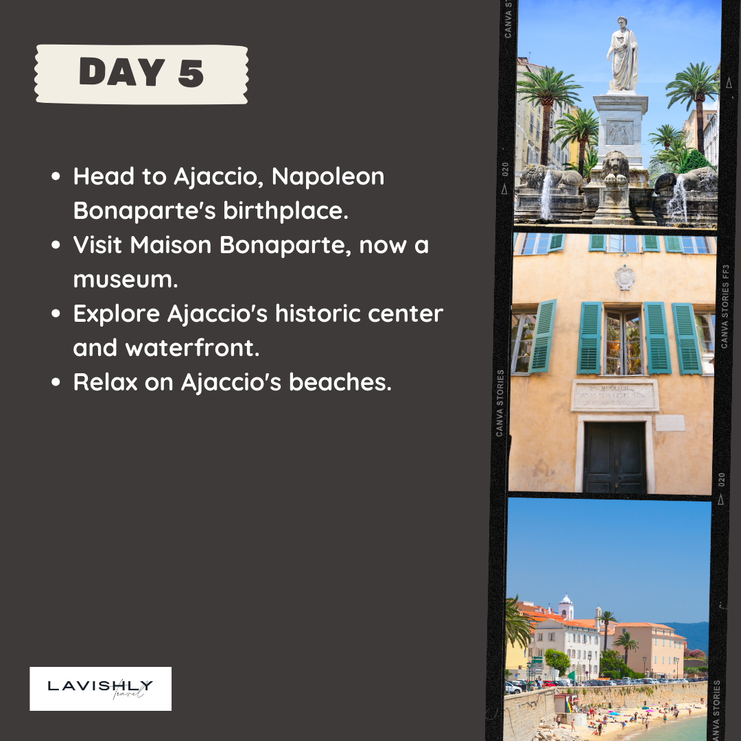 A vertical collage featuring the Napoleon Bonaparte statue fountain in Ajaccio, a yellow building with turquoise wooden window shutters, and a sunny beach along the city wall.