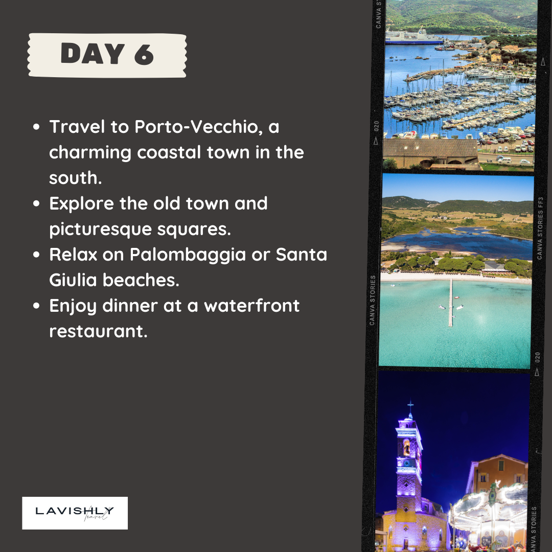 Photos of a marina filled with boats in Porto-Vecchio, an aerial view of a wooden pier over turquoise beach water, and a brightly lit historic town square at night.