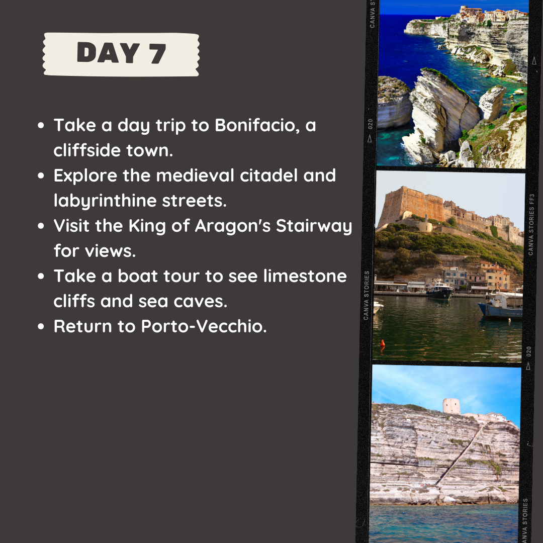 Imagery of Bonifacio's white limestone cliffs crowned with historic buildings, boats in the harbor below the Citadel, and the King of Aragon's Stairway cut into a sheer cliff face.
