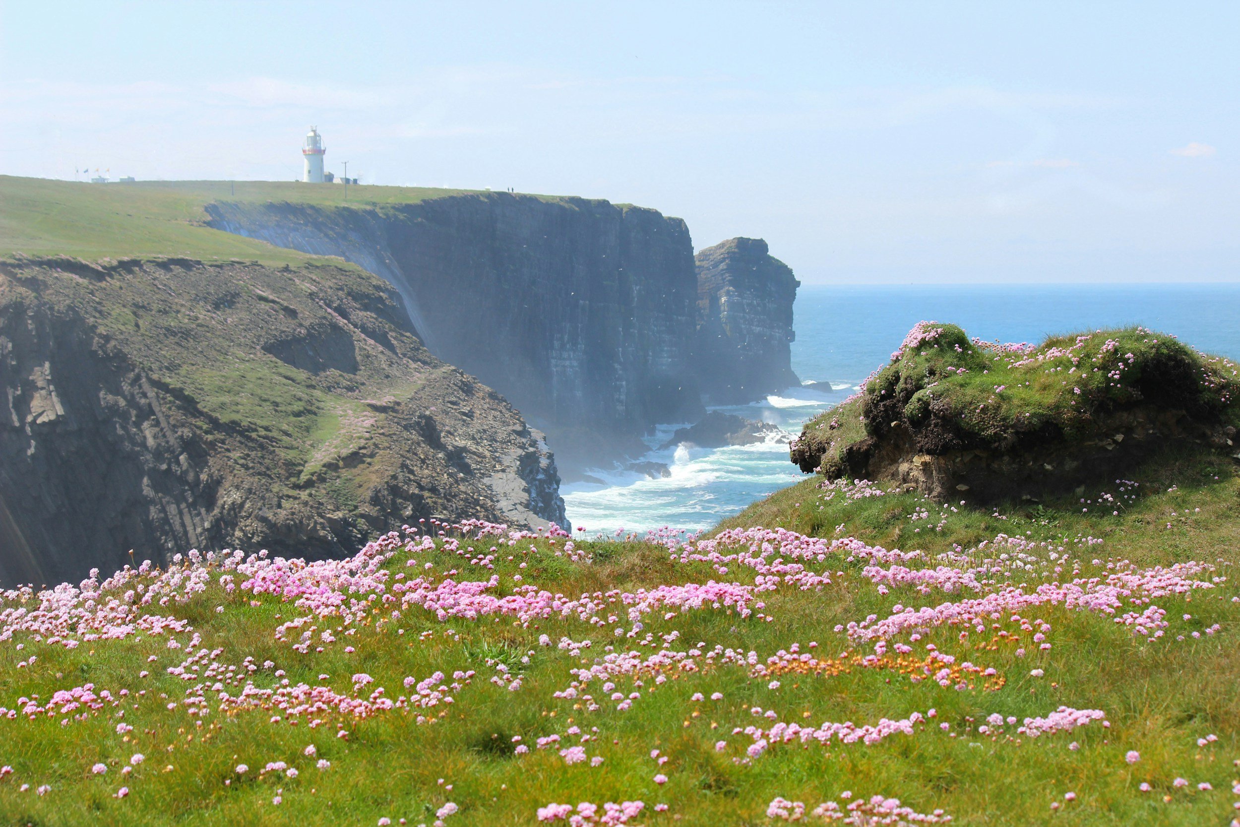 Dramatic sea cliffs and lush green countryside along Ireland's Wild Atlantic Way