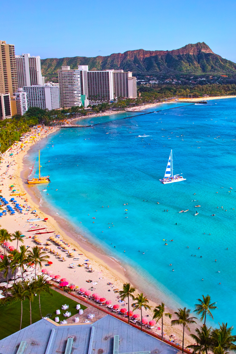 Waikiki Beach hotels along turquoise water with Diamond Head beyond on Oahu