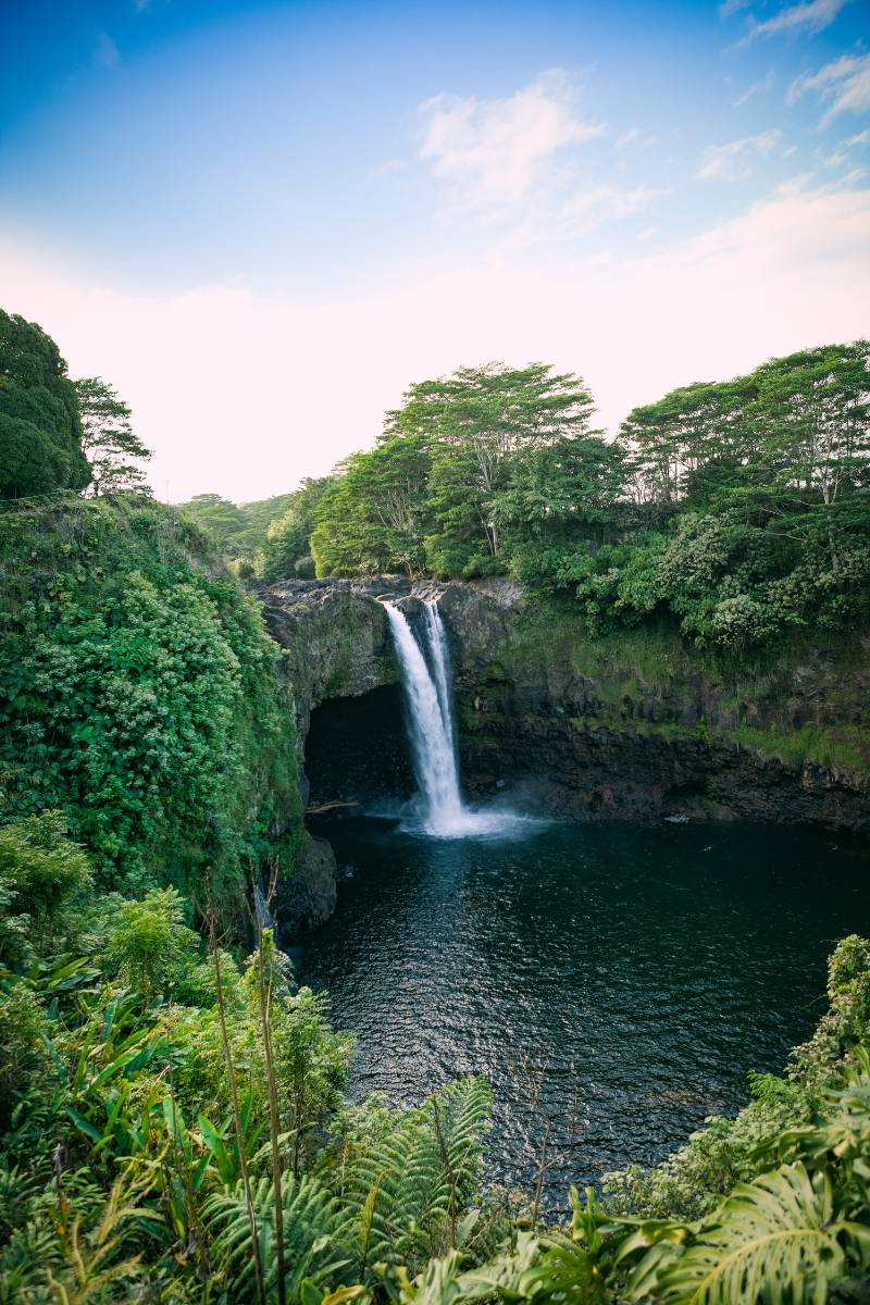 Rainbow Falls cascading into a pool surrounded by lush trees near Hilo