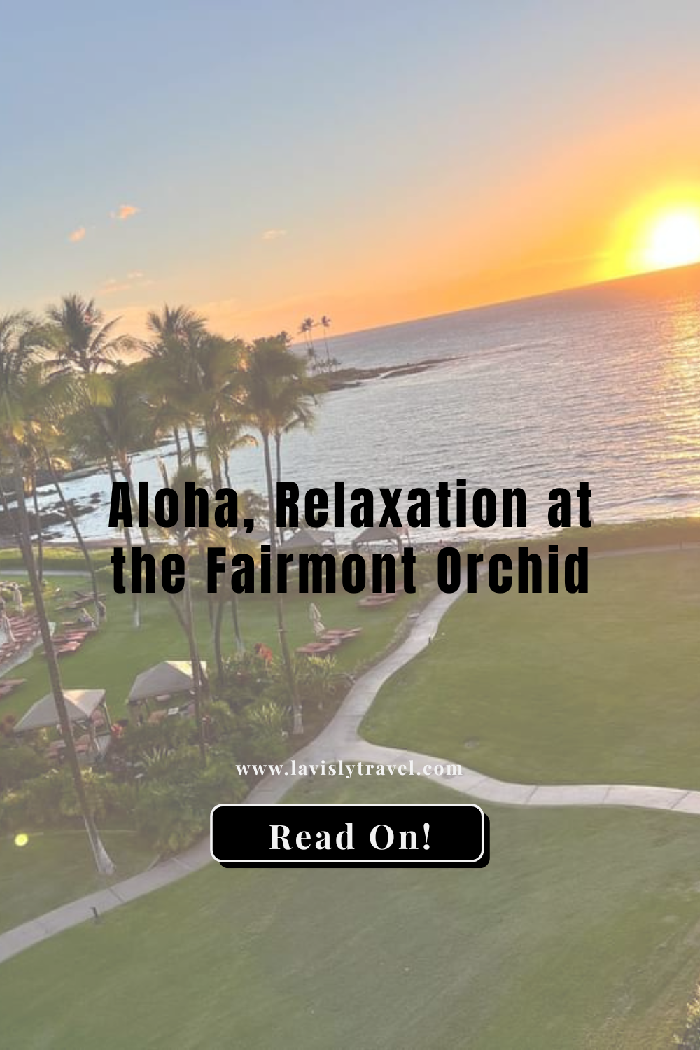 High-angle view of a tropical resort lawn, swimming pool, and ocean horizon bathed in vibrant orange sunset light.