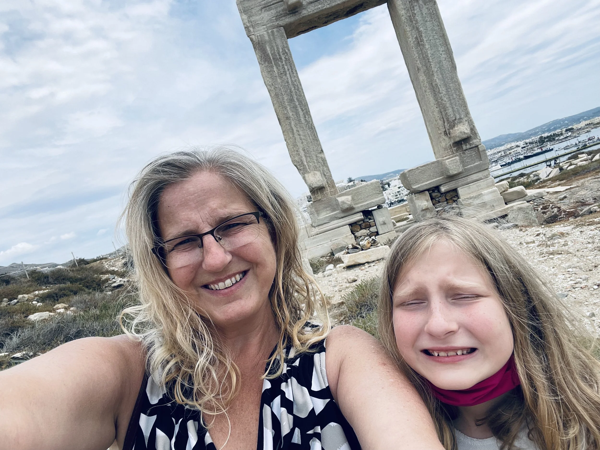Jeanine and her daughter at the Portara, the Temple of Apollo gateway on Naxos, Greece