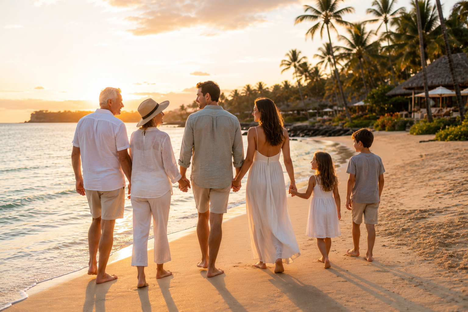 Three generations enjoying a luxury family vacation together on a tropical beach