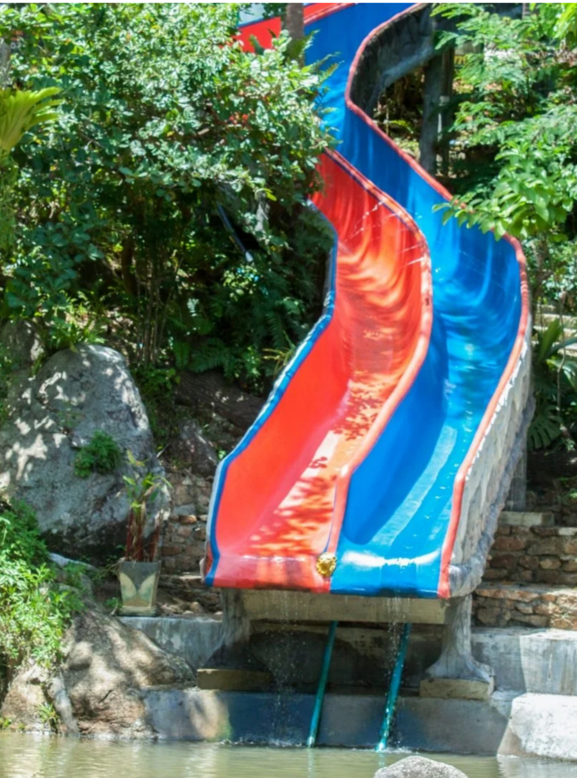 A long, winding red and blue outdoor water slide surrounded by dense tropical trees and a stone patio leading into a pool.