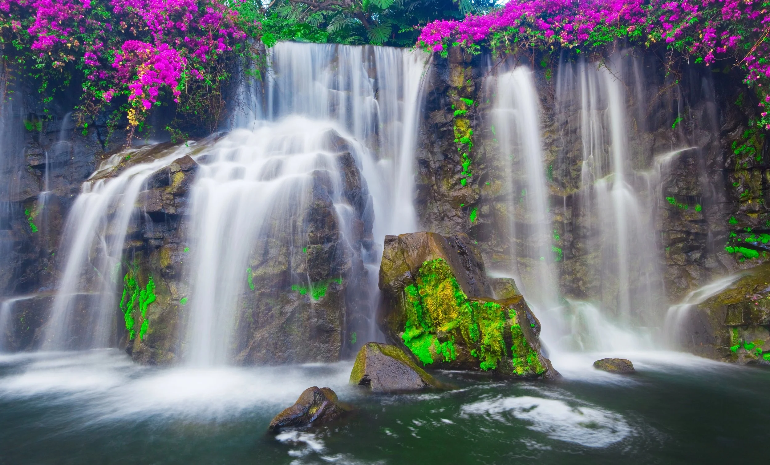 Tropical waterfall in Hawaii cascading over lush green rocks and moss. A scenic natural landmark perfect for adventure travel and romantic nature excursions in the Hawaiian Islands.