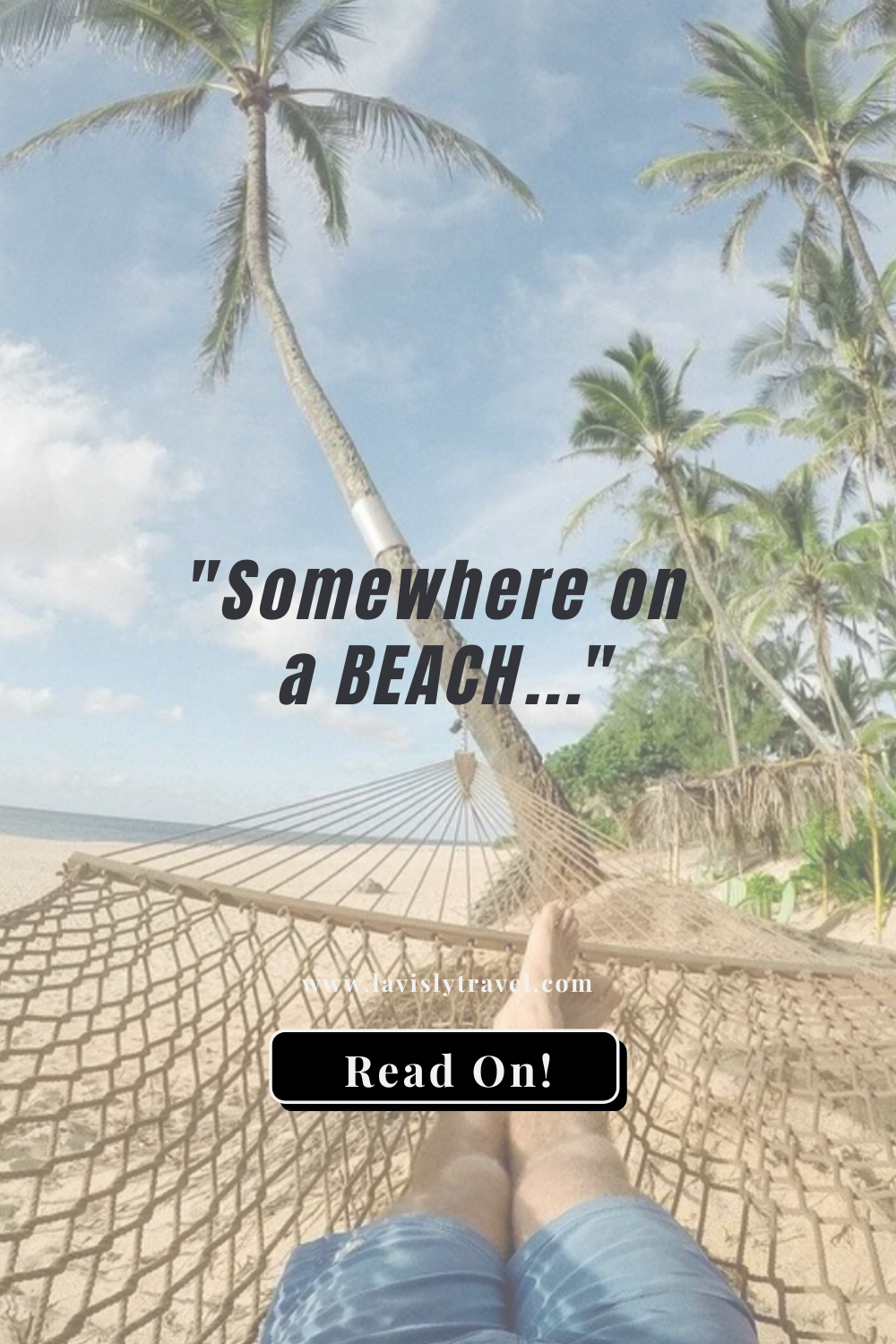 First-person point-of-view of relaxing in a rope hammock strung between tropical palm trees on a quiet sandy beach.