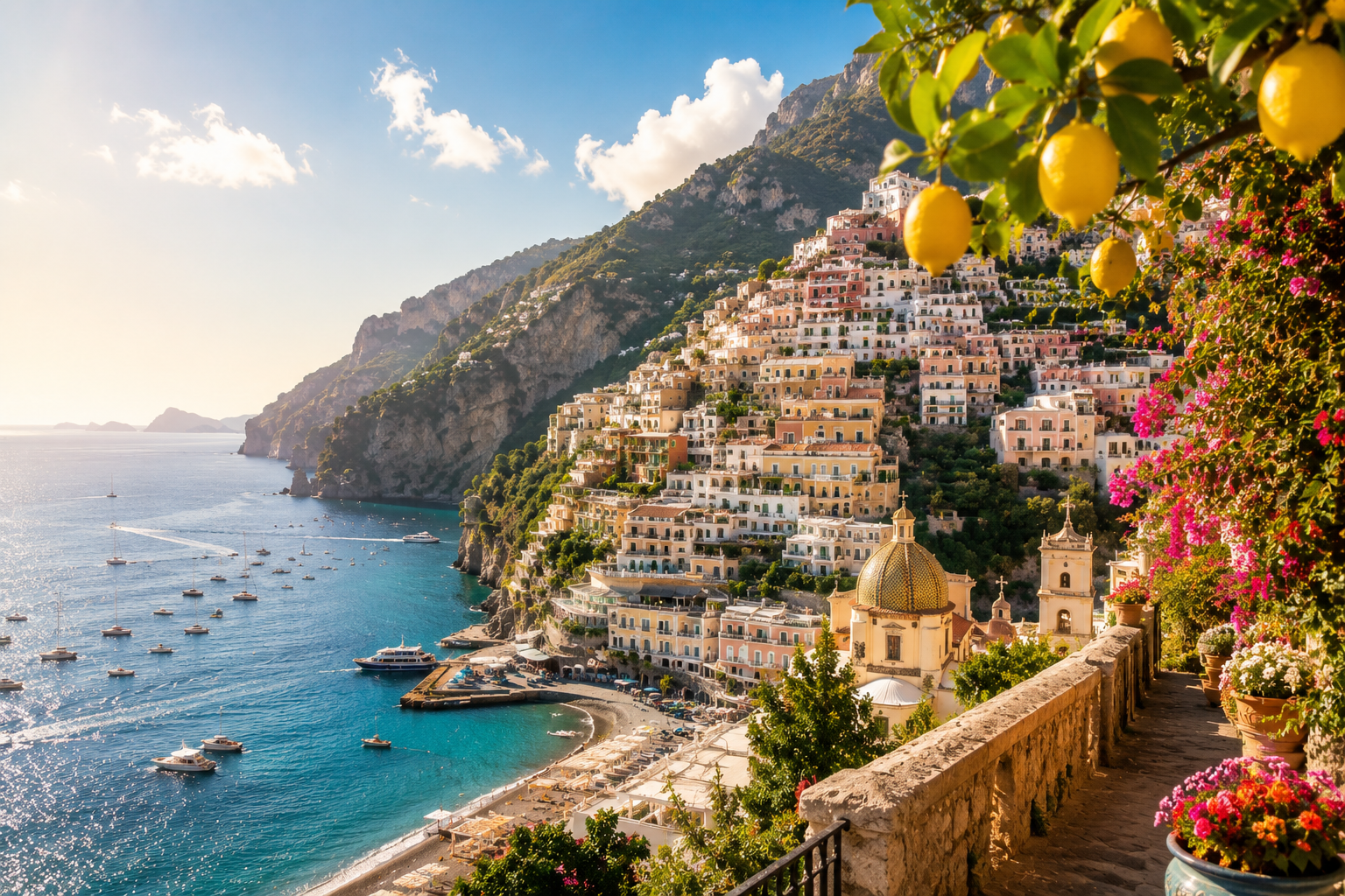 Colorful cliffside village overlooking the Mediterranean Sea on Italy's Amalfi Coast.