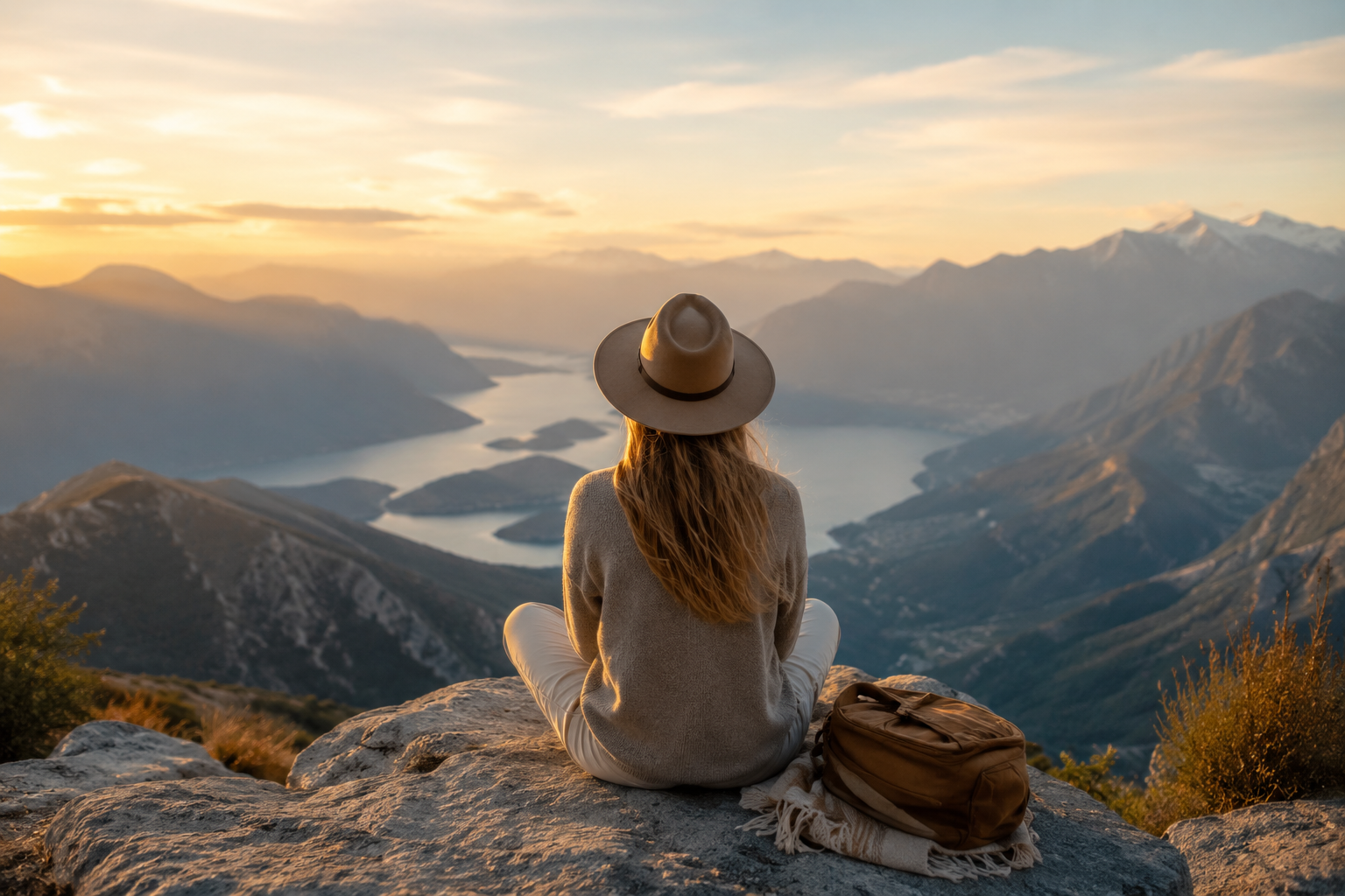 Solo traveler relaxing while overlooking a scenic mountain and lake landscape during a luxury vacation.