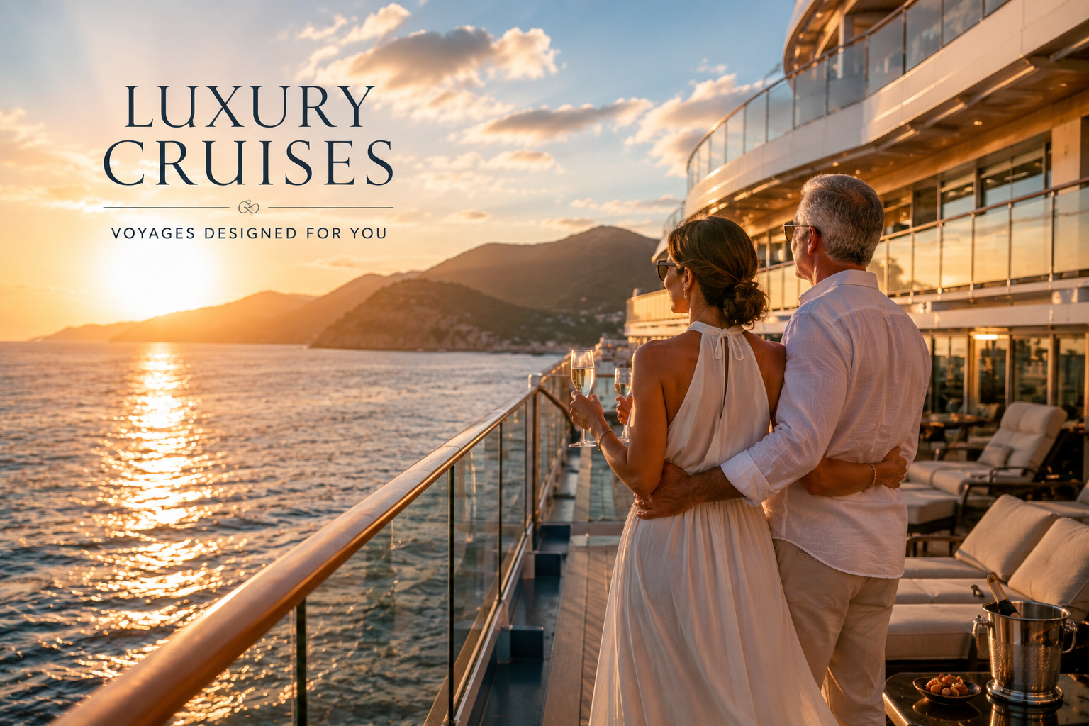 Couple enjoying a luxury European river cruise at sunset.