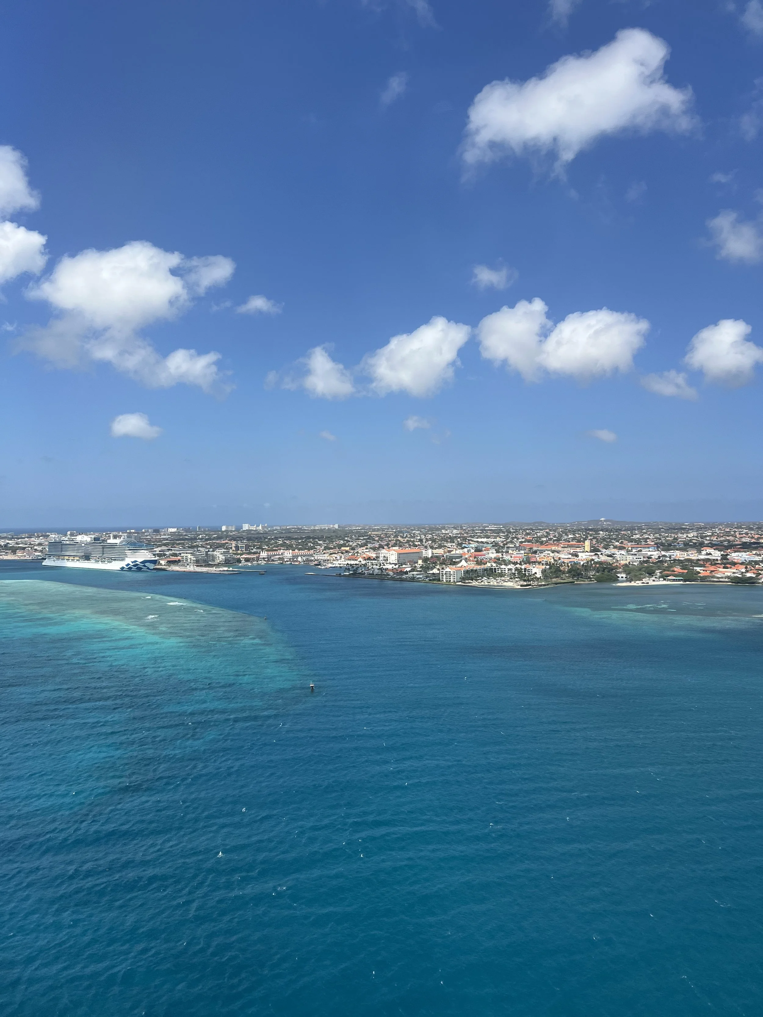 Aerial view of Oranjestad, Aruba, with a cruise ship in port and turquoise reef water along the coast