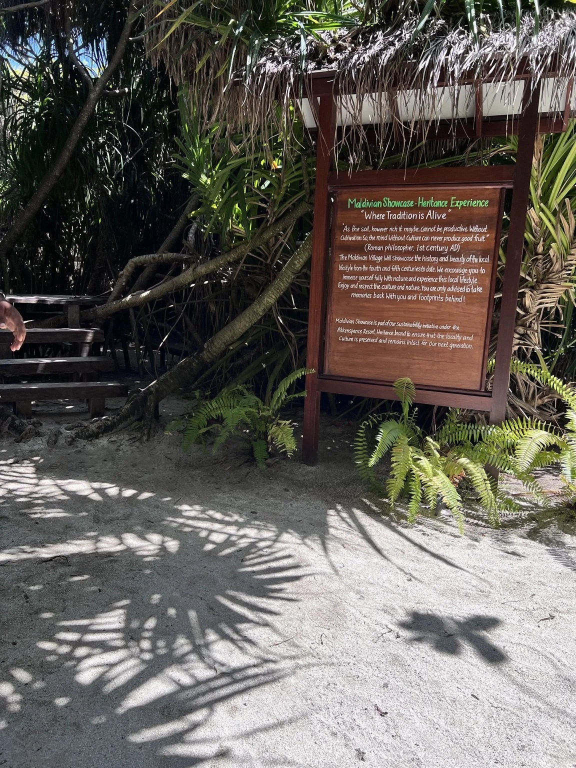 Maldivian Showcase Heritage Experience sign explaining a resort’s local culture and sustainability initiative.