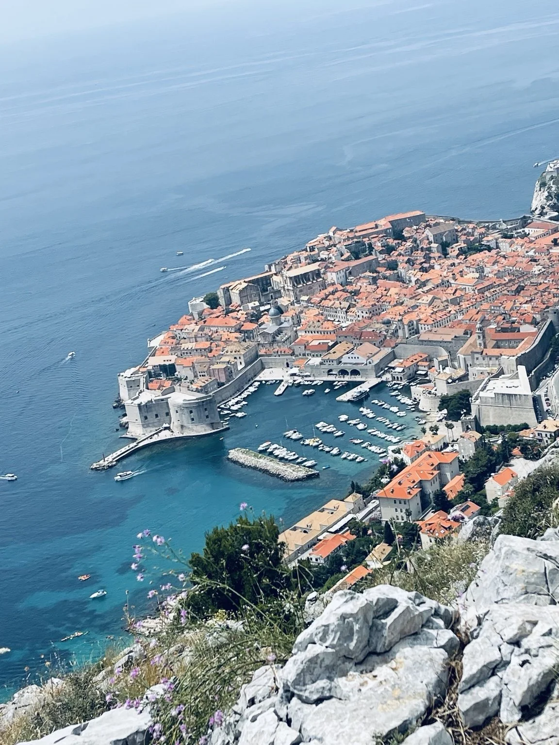 Elevated view of Dubrovnik's Old Town and harbor from above