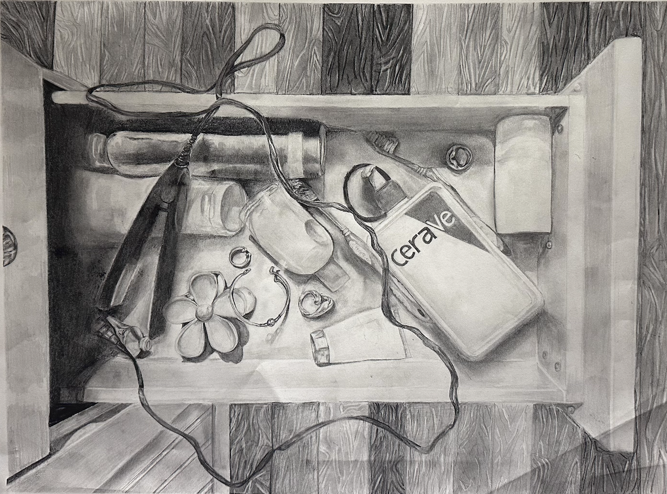 the everything drawer, graphite on paper, 2025