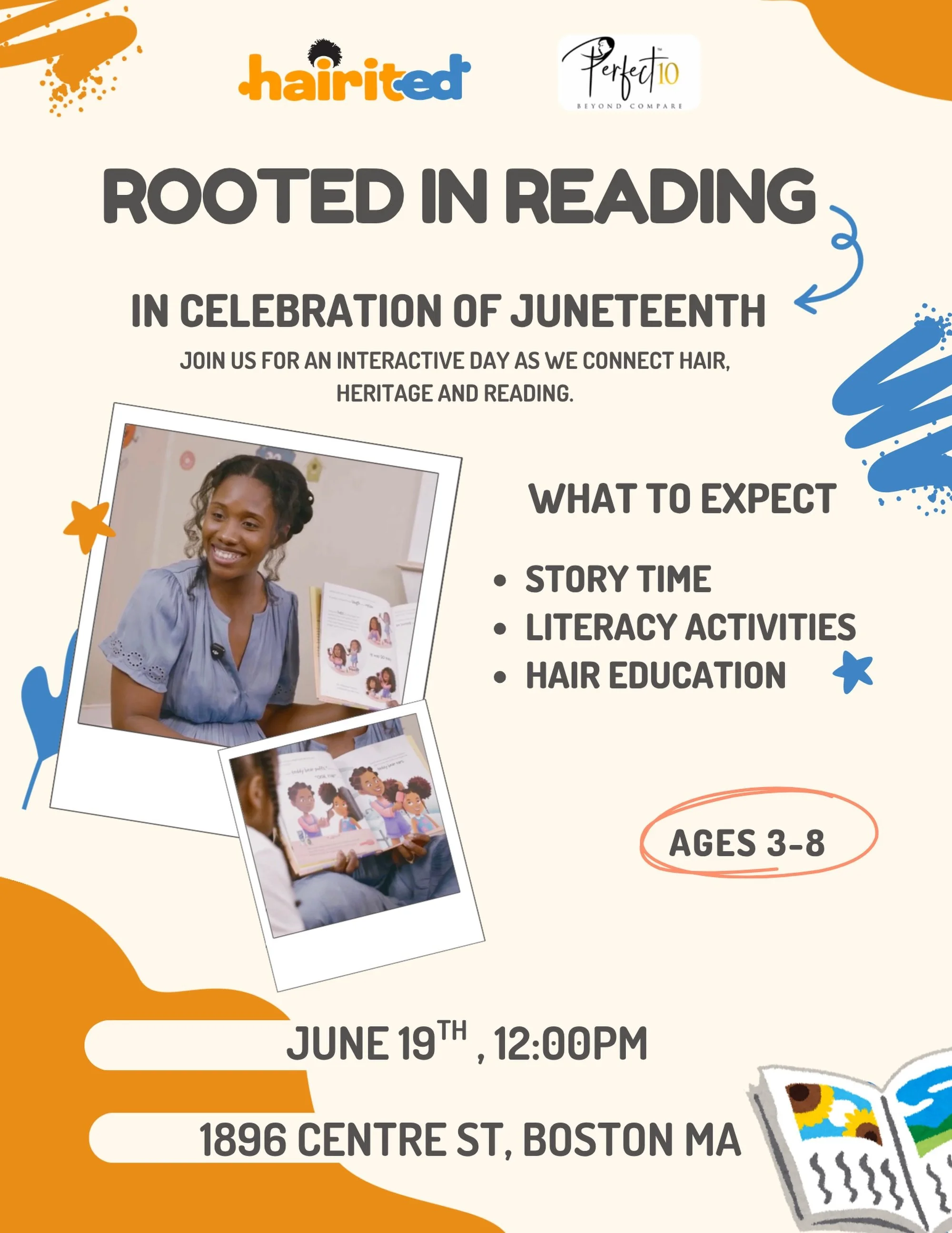 Join HairitEd for a special Juneteenth read-aloud series hosted in local hair salons! 

Children will enjoy stories celebrating natural hair, creativity and confidence. Plus they will get a chance to engage with our products. 

Location: 1896 Centre 