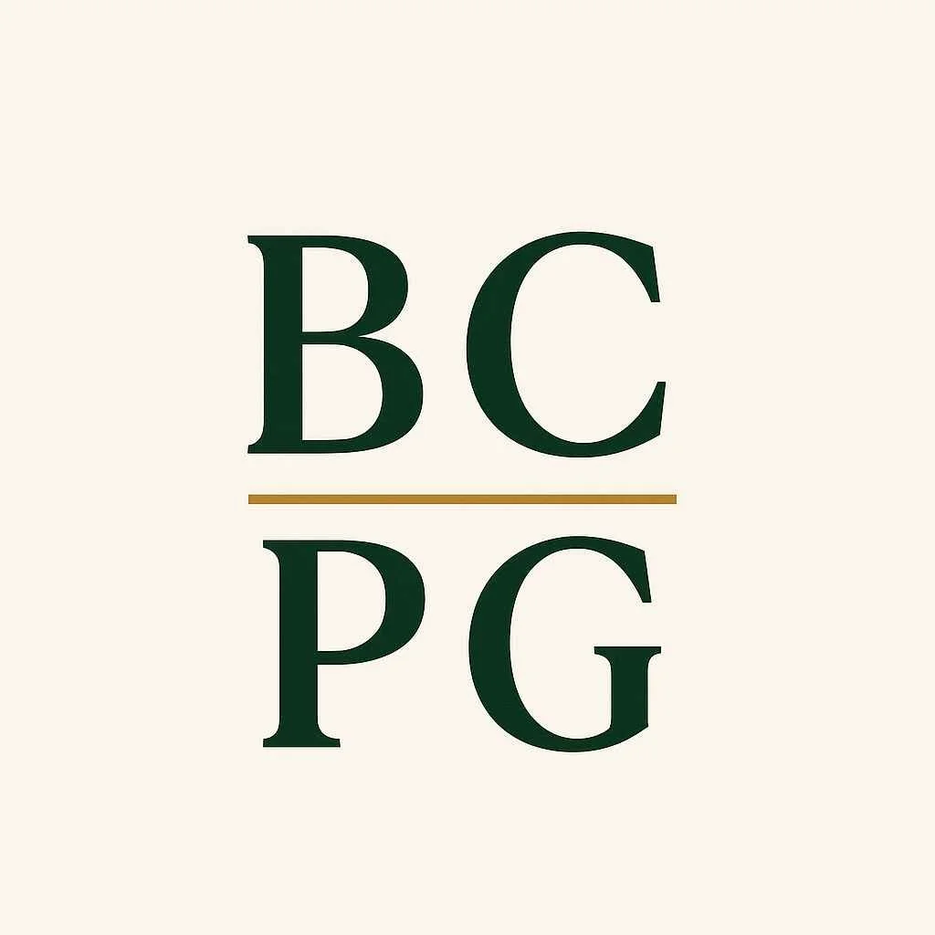 A mathematical fraction with the numerator 'BC' and the denominator 'PG' separated by a horizontal line.