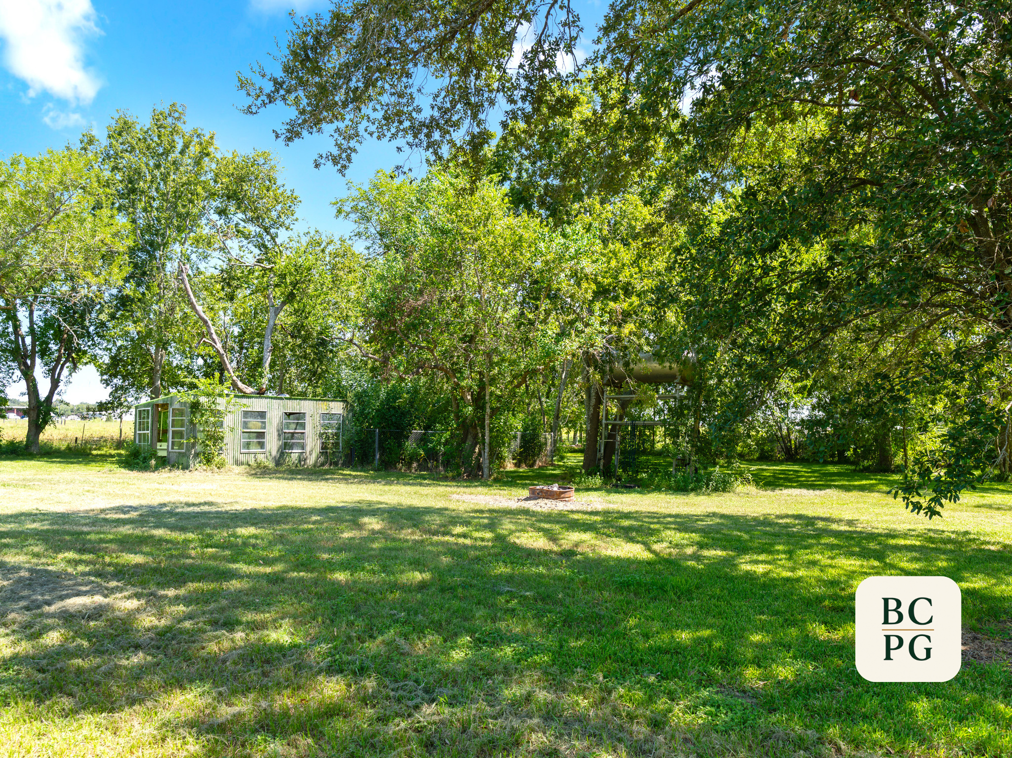 A backyard scene with green grass, several large trees with lush green leaves, a small shed, and a clear blue sky overhead.