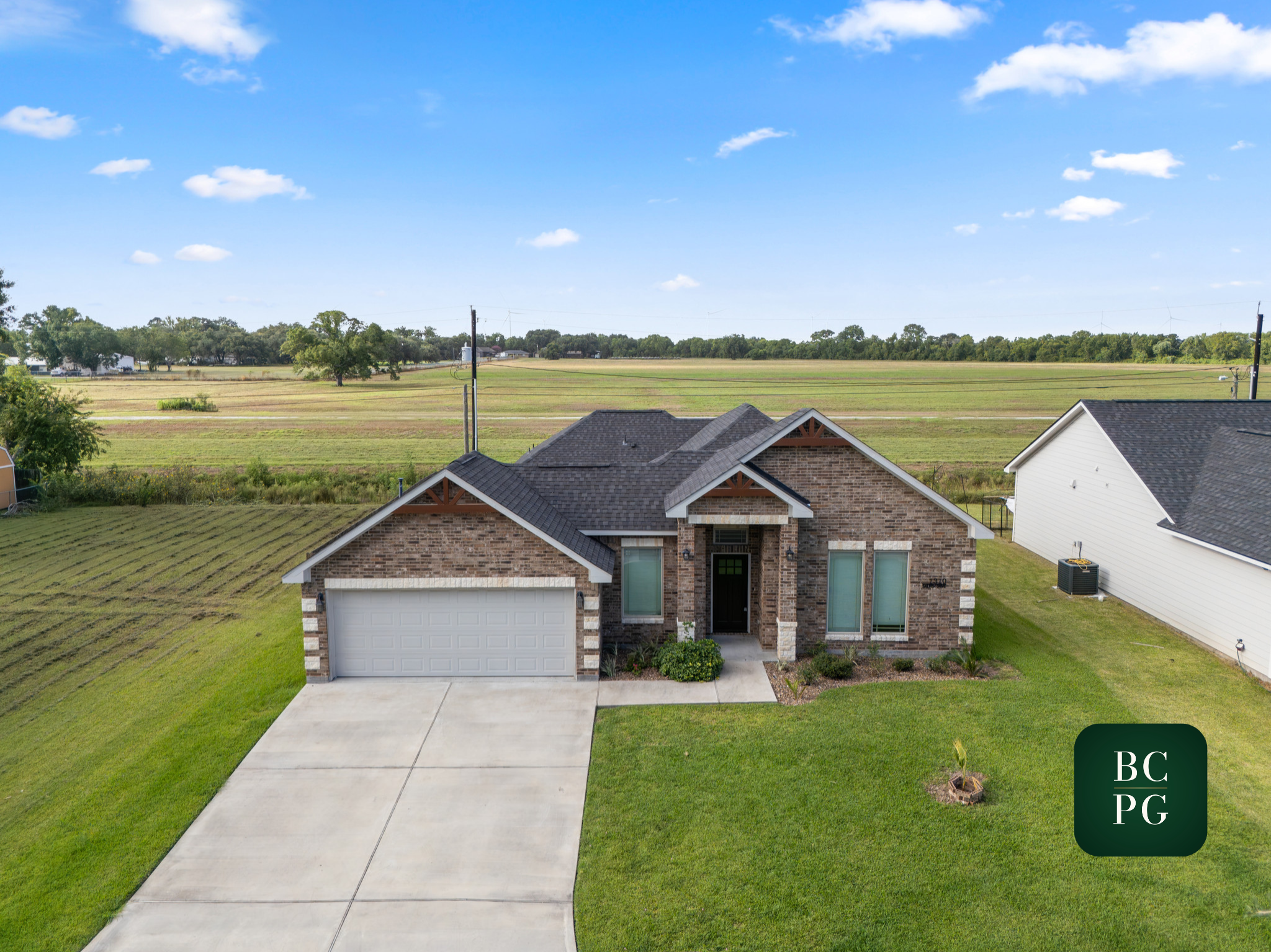 Front view of a two-story brick house with a gray roof, white garage door, and a concrete driveway, surrounded by a green lawn with a small plant in the yard, with neighboring houses visible on each side, under a clear blue sky with some clouds.
