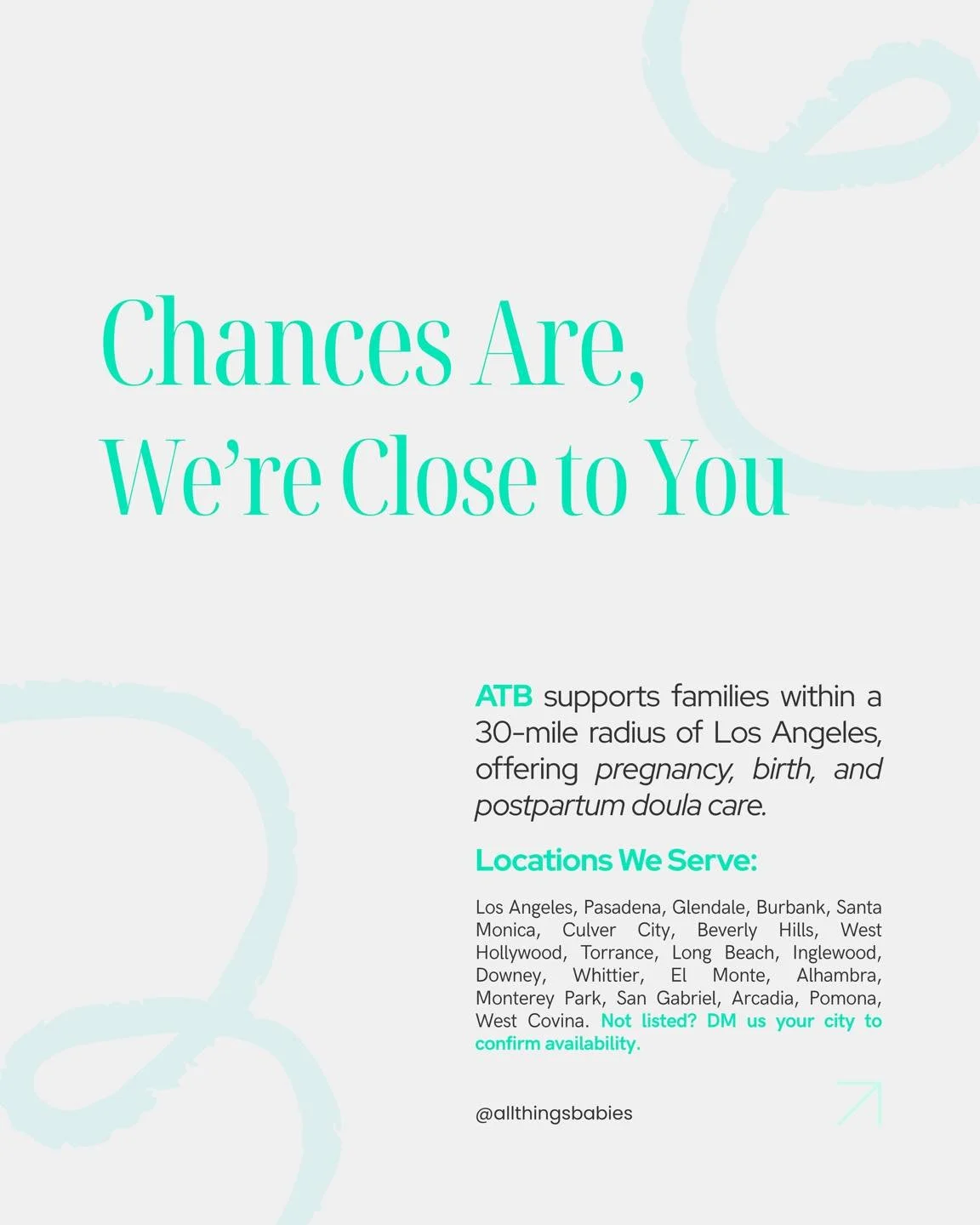 Chances Are, We&rsquo;re Close to You.

ATB supports families within a 30-mile radius of Los Angeles, offering pregnancy, birth, and postpartum doula care.

📩 DM us your city to check availability. 

#FirstTimeMom
#NewMomSupport
#PostpartumDoula
#Do