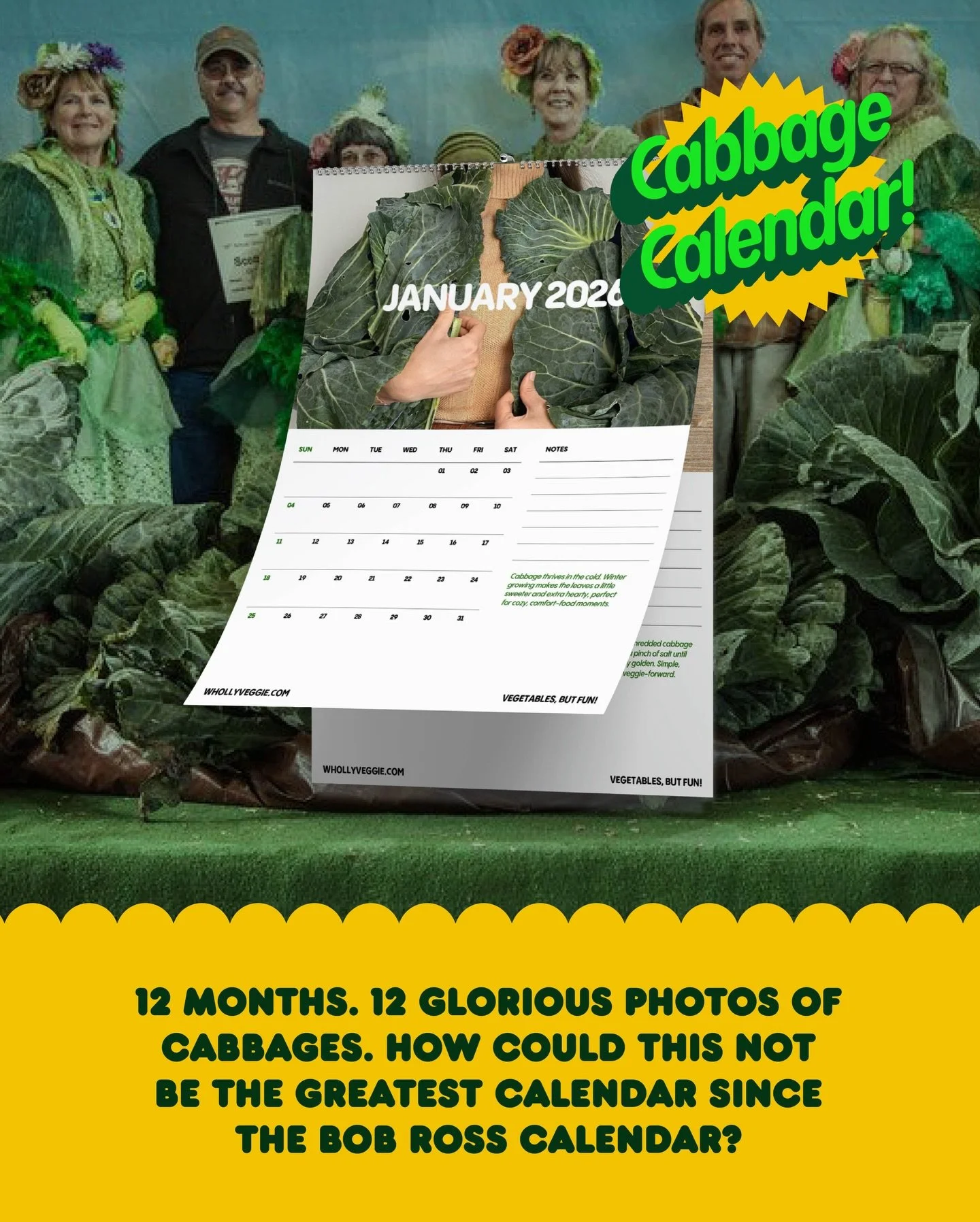 We didn&rsquo;t choose the cabbage life. The cabbage life chose us! 🥬💚 

Our cabbage calendar is now available for download at whollyveggie.com

The perfect gift for the friend who has everything (except 12 months of vegetables). What veggie should