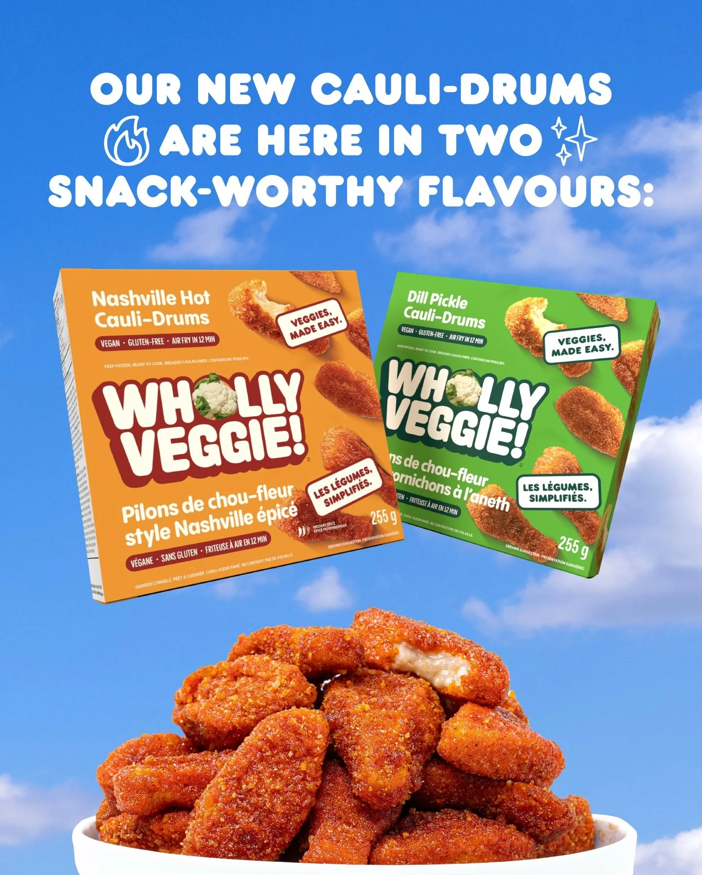 Our NEW Cauli-Drums just dropped in two snack-worthy flavours: Nashville Hot 🔥and Dill Pickle 🥒

Crispy, craveable, and made from cauliflower (yes really).

Now rolling out in stores across Canada 🇨🇦 and the US 🇺🇸keep an eye out in your freezer