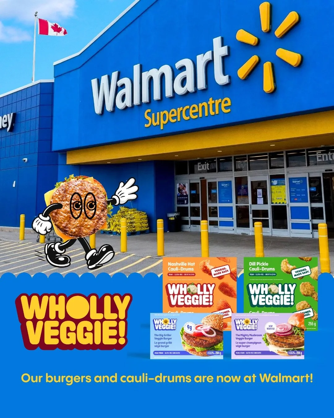 BIG news! 🍔🔥🇨🇦 Our veggie burgers and cauliflower-drums are now available at @walmartcanada 

Out crave-worthy veggie packed burgers are juicy, tasty, and are available in 2 flavours. Along both of our Cauli-drums! 

💙The Big Griller Burger
💜Mi