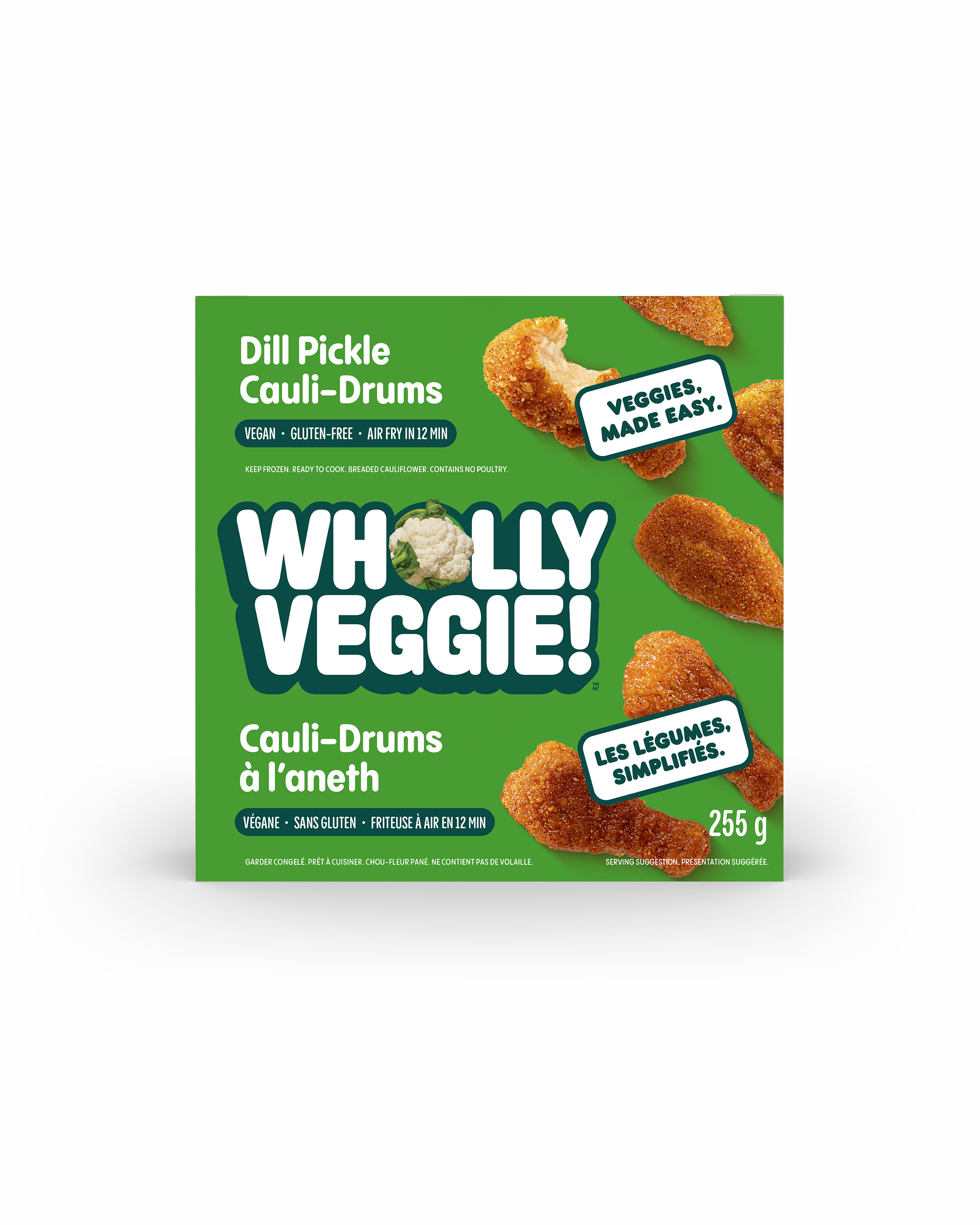Green packaging of Wholly Veggie Cauli-Drums with images of breaded cauliflower pieces.