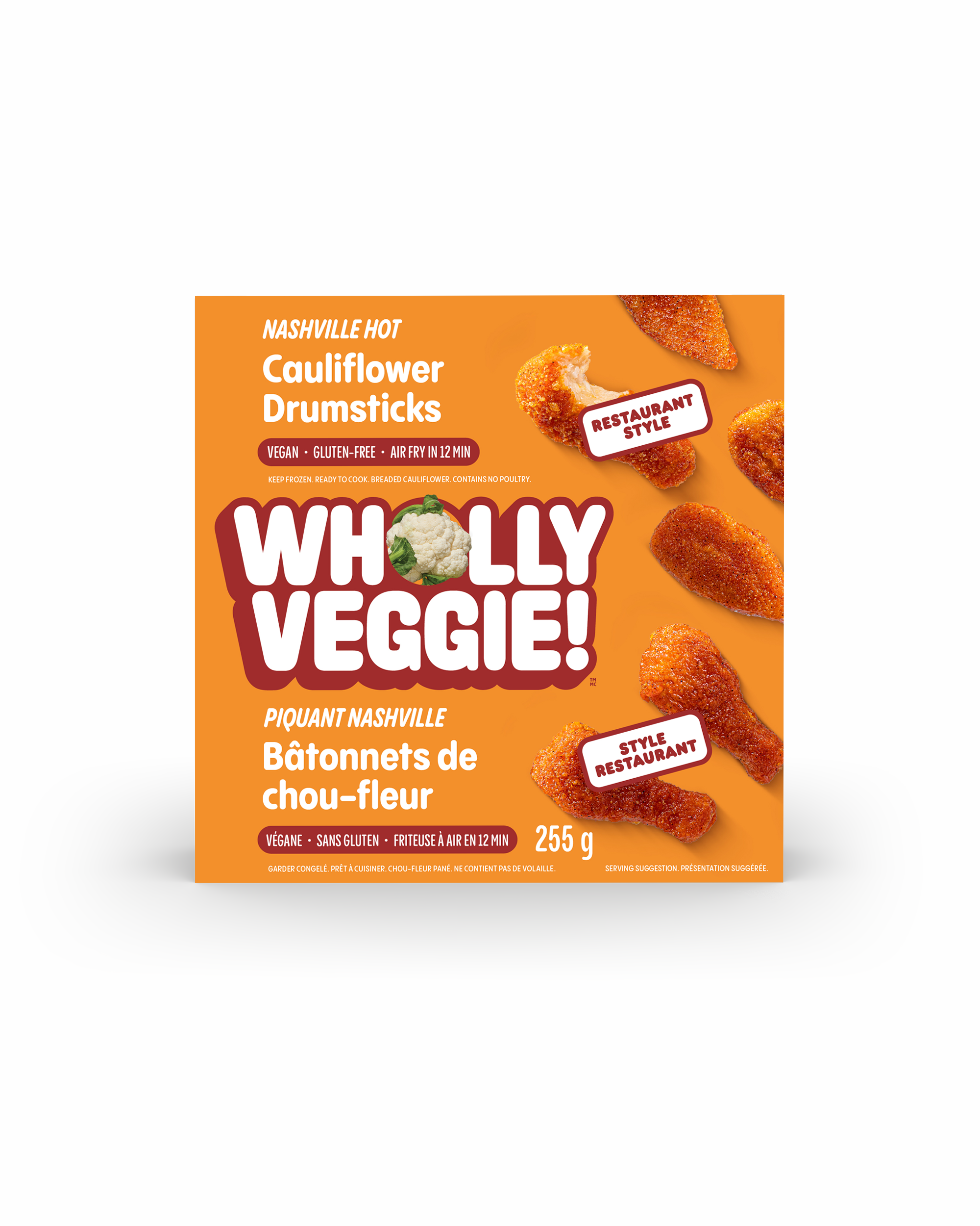 Packaging of Wholly Veggie Nashville Hot Cauliflower Drumsticks with images of cooked cauliflower pieces on an orange background.